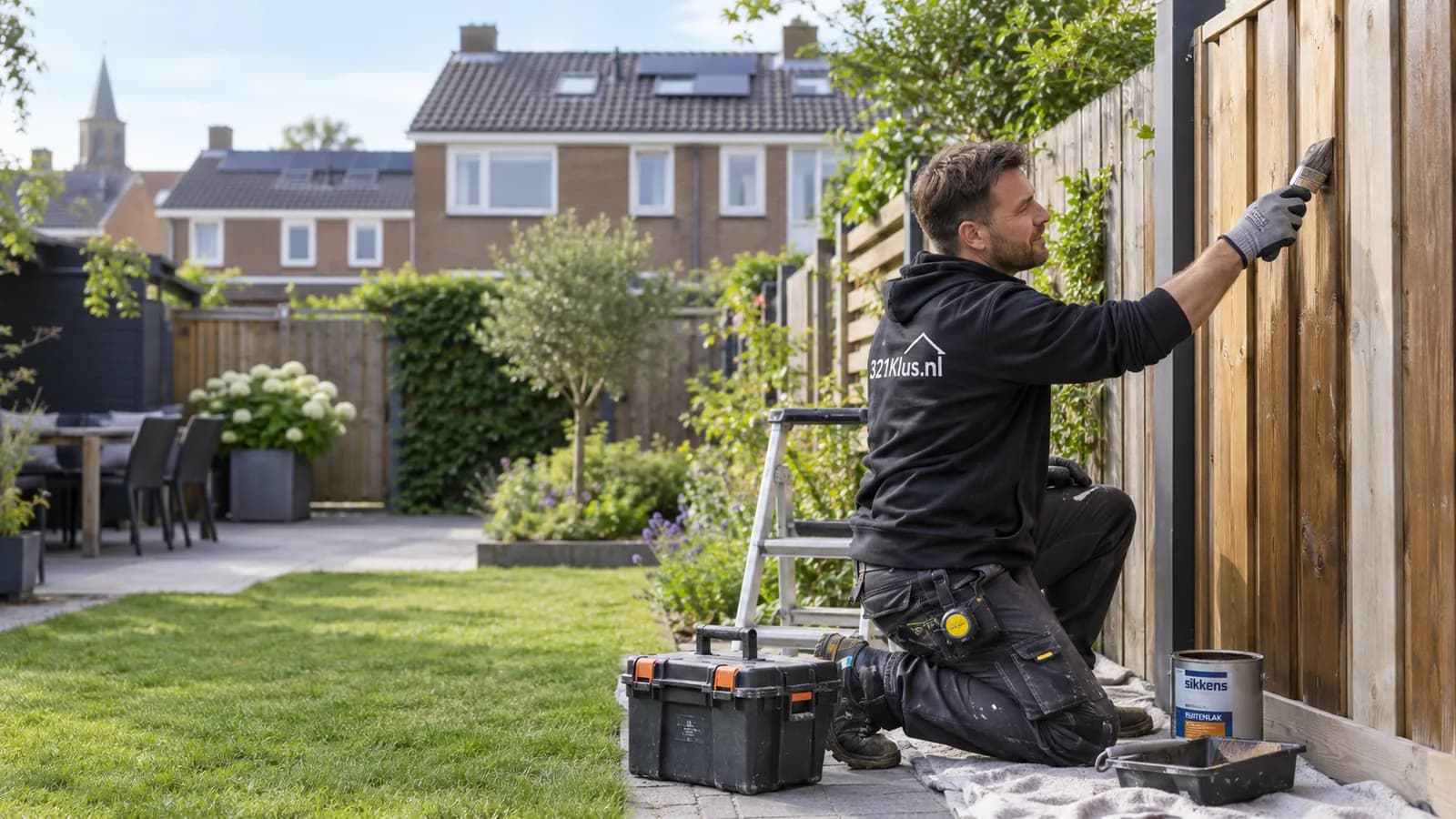 Vakman plaatst een houten schutting